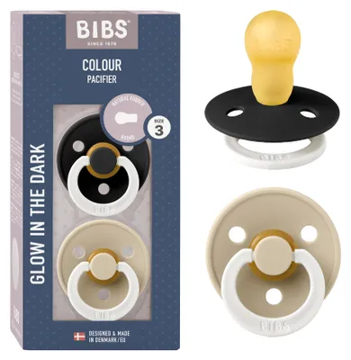 Productafbeelding van BIBS Colour Glow fopspeen, 18-48 maanden, 2 stuks, siliconen speen, zwart/vanille