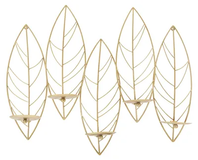 Immagine prodotto di Portacandele a forma di foglia, in metallo dorato, dimensioni 66x14x56 cm, design Mauro Ferretti