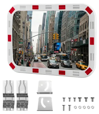 Produktbild von Wiltec Verkehrsspiegel 50 x 70 cm konvex, eckiger Sicherheitsspiegel mit rot-weißen Reflektorstreifen, bruchsicherer Konvexspiegel aus Kunststoff, Überwachungsspiegel für Ausfahrten
