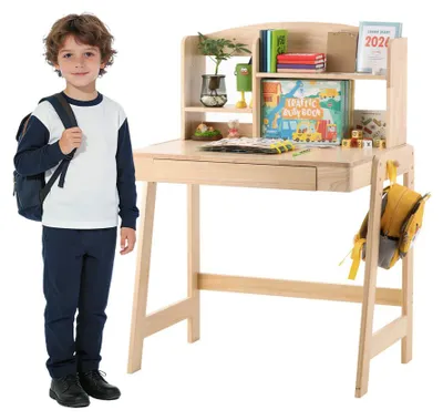 Produktbild von Höhenverstellbarer Kinderschreibtisch aus Massivholz, Schublade & Stauraum, naturfarben, ideal ab 6 Jahren