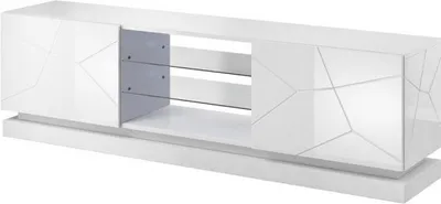 A white TV lowboard with a geometric design and glass shelves.