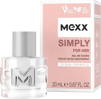 A bottle of Mexx Simply Eau de Toilette for Her and its packaging are shown against a white background.