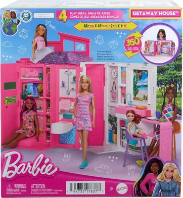 The image shows the packaging of a Barbie Getaway House playset, featuring dolls and the playset itself.