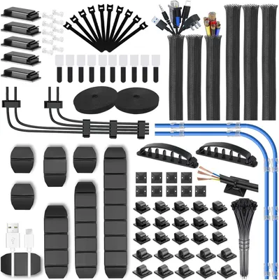 Produktbild von 188-teiliges Kabelmanagement-Set mit 6 Kabelschutzschläuchen, 50 Kabelclips, 2 Rollen Klebeband, 20 Kabelbindern, 10 Kabelbindern mit Reißverschluss und 100 Kabelbindern