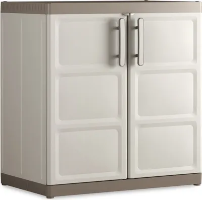 Produktbild von KIS EXCELLENCE Kunststoffschrank Sand XL niedrig mit 2 Türen und 2 höhenverstellbaren Fachböden (je 25 kg Traglast), abschließbar, wetterfest und mit praktischer Arbeitsplatte.