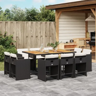 Produktbild von Design 11-tlg. Garten-Essgruppe mit Kissen Schwarz Poly Rattan, Gartenmöbel-Sets 2024 Neu