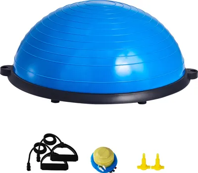 Produktbild von SucceBuy Halb-Gymnastikball-Trainer, 23 Zoll Balance Ball, 660 lbs Kapazität, Yoga-Ball mit Widerstandsbändern und Fußpumpe, Kraft-Fitnessball für das Heim-Fitnessstudio, Blau