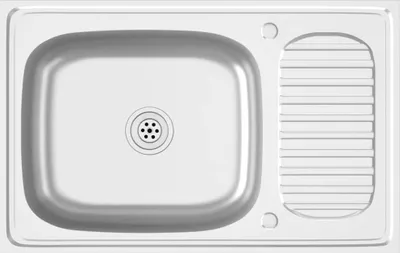 A top-down view of a stainless steel sink with a drain and a ribbed drying area.