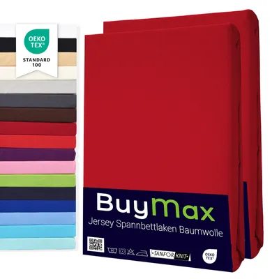 Produktbild von Buymax Spannbettlaken 140x200cm Doppelpack 100% Baumwolle Spannbetttuch Bettlaken Jersey, Matratzenhöhe bis 25 cm, Farbe Rot