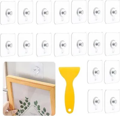 Produktbild von Selbstklebender Bildhaken zum Aufhängen - ohne Bohren - transparente Haken - Schaber - Fotos, Poster, Bilder - bis 5 kg