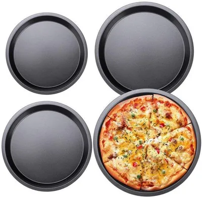 Productafbeelding van Ibenzoa® 4-delige set ronde pizzabakvormen van roestvrij staal met antiaanbaklaag – 14 / 16,5 / 18,8 / 21 cm, geschikt voor het bakken en serveren