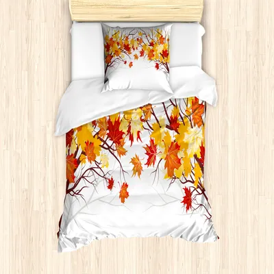 Produktbild von ABAKUHAUS Fallen Mantele, Cartoon Ahorn Herbst-Baum, Milbensicher Allergiker geeignet mit Kissenbezügen, 135 cm x 200 cm - 80 x 80 cm, Orange Weiss