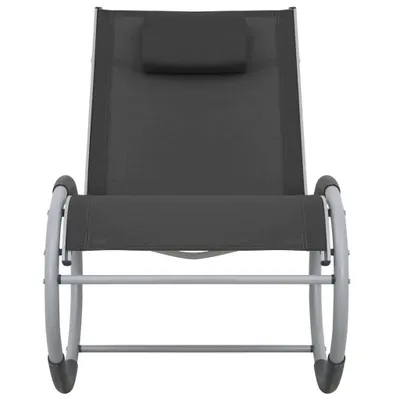 A front view of a black textilene garden rocking chair with a gray frame and a headrest.
