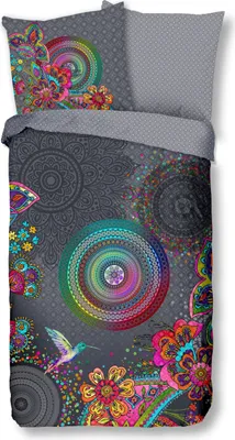 A top-down view of a bedding set with a colorful mandala and floral pattern on a gray background.