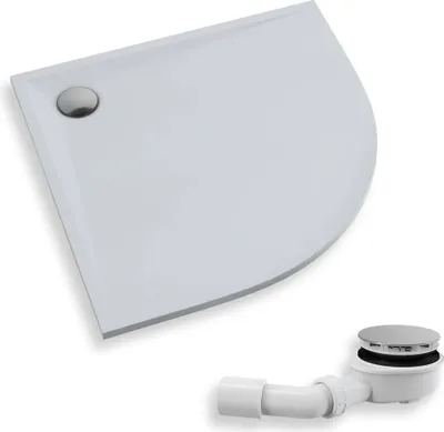 A white quarter-circle shower tray and a white drain assembly are shown against a white background.