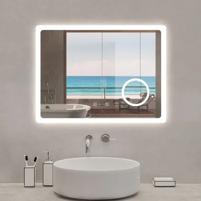Image de Miroir LED 80x60cm, anti-buée avec horloge, blanc froid chaud neutre tactile mural miroir, miroir de salle de bain
