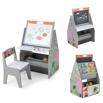 Produktbild von GOPLUS Kinderstaffelei Spieltisch mit Stuhl, Kindertisch und Stuhl-Set mit drehbarer doppelseitiger magnetischer Tafel & Whiteboard, Bücherregal & Aufbewahrungsfach, Maltisch für Kinderzimmer(Grau)