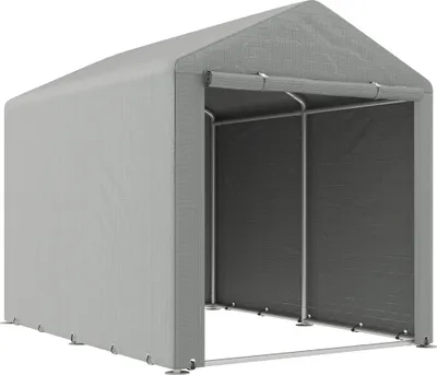 Image de Tente de jardin, 160x220x170 cm, 2 pièces, porte avec fermeture éclair, imperméable, anti-UV, idéale pour les vélos, le jardin, le stockage, robuste, en acier et PE, résistante aux intempéries, de couleur gris clair