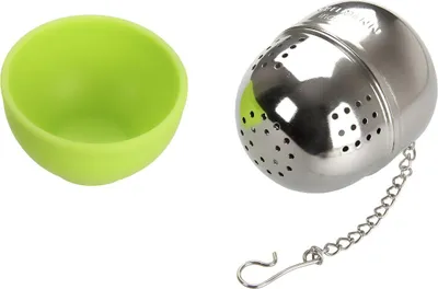 Produktbild von Fackelmann Tee-Ei mit Schale, Teesieb aus Edelstahl, Teeball für den perfekten Tee-Genuss (Farbe: Silber/Grün)