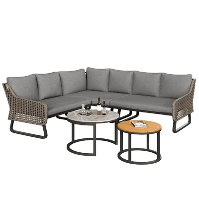 Produktbild von Gartenmöbel-Set,Outdoor-Lounge-Set,Rattan-Handwerk,mit zwei Tischen,mit verzinktem Eisengestell,verstellbare Beine,inklu.Sitz- und Rückenkissen