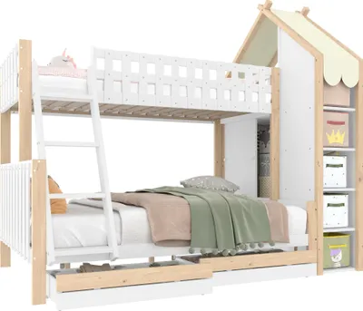 Produktbild von Etagenbett mit 2 Liegeflächen, Leiter, Regal, Schrank und Lattenrost, 90x200cm/140x200cm, Kinderbett mit Rausfallschutz, Hausbett
