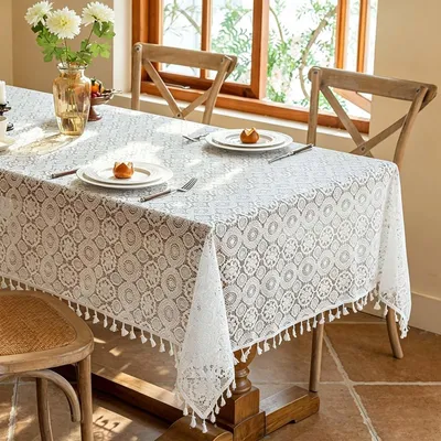 Produktbild von Tischdecke abwaschbar Leinenoptik Blumenmuster mit Quasten 180x140cm Baumwoll-Leinen-Mischgewebe