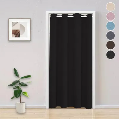 Obrázek produktu pro Blackout Door Curtain Thermo Eyelet Curtain Cold Protection Curtain Room Divider Curtains, černá, 132x203cm