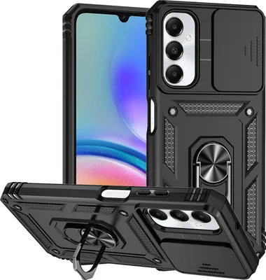 Immagine prodotto di Custodia per Samsung Galaxy A05S a doppio strato con copertura scorrevole della fotocamera e supporto ad anello nero