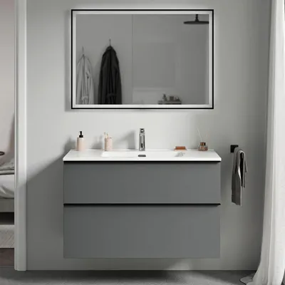 Produktbild von Waschtischunterschrank LAVOA 100 cm mit Waschbecken - Farbe wählbar, Farbe Badmöbel:Anthrazit matt, Waschbecken:Weiß glänzend, Metallgriff:Schwarz matt