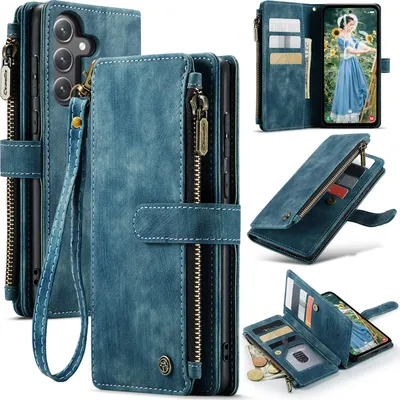 Immagine prodotto di Custodia in pelle per Samsung Galaxy S24 FE, custodia in Finto cuoio con cerniera, chiusura magnetica, tasca per carte, supporto, custodia a portafoglio blu