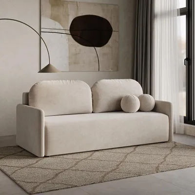 Produktbild von DEKORI Skandinavisches Sofa MALVA – 3-Sitzer Stoffsofa mit runden Kissen - WIND 11 (Beigegrau)