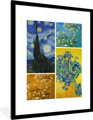 Produktbild von MuchoWow® Gerahmtes Poster Collage - Van Gogh - Sternennacht 60x80 cm - Poster mit Schwarzem Bilderrahmen Wandposter Rahmen Foto Bilder - Wohnzimmer - Dekorationen - Prämie