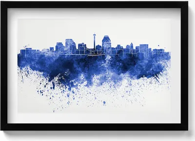 Produktbild von Panorama von San Antonio Aquarell– Wandbild mit Rahmen – Gerahmtes Bild  – Wanddekoration – 60x40 cm –  Schwarz Rahmen