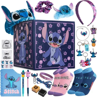Produktbild von Disney Stitch Adventskalender 2025 – 24 kreative Überraschungen mit Schrein, Haarschmuck & Socken für Kinder & Jugendliche, lila Würfel Edition