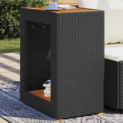 Produktbild von vidaXL Zahradní stolek s dřevěnou deskou z černého polyratanu