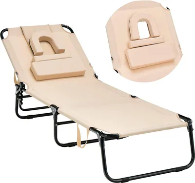 Zdjęcie produktu dla Składane leżaki ogrodowe z otworem na twarz, poduszką i 5-stopniową regulacją oparcia, leżaki ogrodowe, nośność do 150 kg (beżowe)