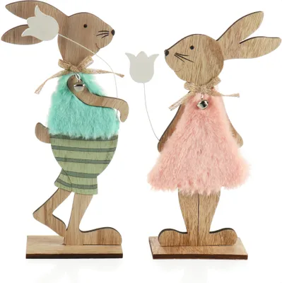 Produktbild von com-four® 2x Deko-Aufsteller für Ostern - Osterhasen-Paar mit Blume - Osterhasen zum Hinstellen - Osterdekoration aus Holz - rosa/blau