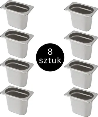 Zdjęcie produktu dla Pojemnik GN na posiłki gastronomiczny ze stali nierdzewnej Mega-M 1/9 176x108x150mm, zestaw 8 szt.