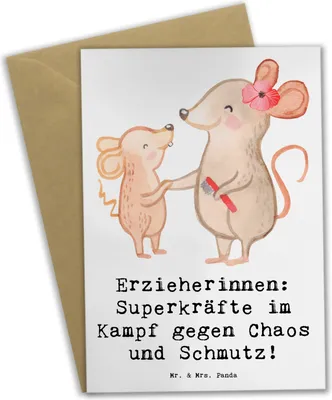 Produktbild von Mr. & Mrs. Panda Glückwunschkarte Superheldin Erzieherin - Weiß - Geschenk, Kampf gegen Chaos, osterkarten, einladungskarten, Grußkarten, Berufe, Erzieherinnen, babykarte