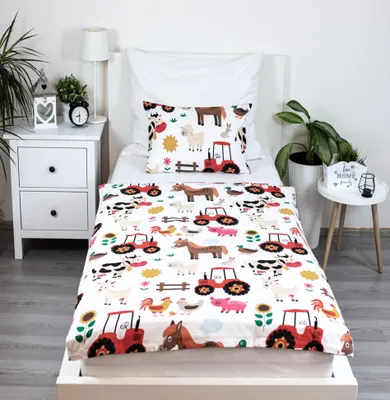 Obrázok produktu pre Theonoi detská posteľná bielizeň, 100x135 cm + 40x60 cm, 2-dielna sada: prikrývka a vankúšik, vhodná pre detské postieľky, 100% bavlna,  Oeko-Tex, obojstranný dizajn s motívmi zvierat a traktora