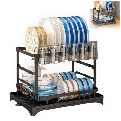 Produktbild von Zweischichtiges Geschirrabtropfregal aus Kohlenstoffstahl, mit automatischem Abfluss, Becherhalter, Schneidebretthalter, Besteckhalter, für die Küche