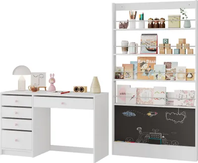 Productafbeelding van Sweiko bureau en boekenkast combinatie, kindermeubelset, meubels voor een kinderkamer, 2-delige bureau- en boekenkastset, witte set