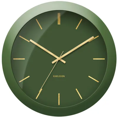 A green wall clock with gold hands and hour markers.
