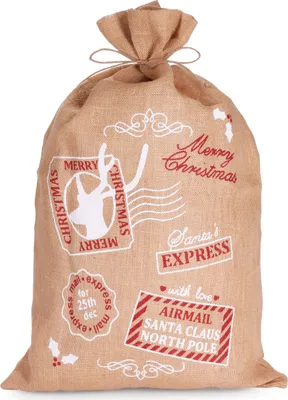 A burlap Santa sack with Christmas-themed stamps and text.