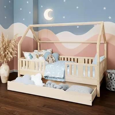 Produktbild von MEBLE WRÓBEL Hausbett 90x200 cm mit Schublade Rausfallschutz und Lattenrost - Einzelbett Jugendbett- Kinderbett aus Kiefer Massivholz Unlackiert - Kleinkindbett für Jungen & Mädchen - Standhöhe 20 cm