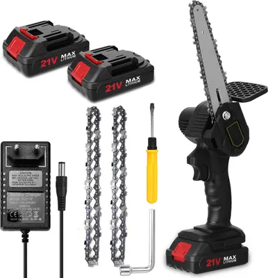 Produktbild von Kettensäge, 6 Zoll 21V Elektro-Kettensäge, Tragbare Akku Kettensäge mit 2x Batterie 2x Kette 1x Führungsplatte und 1x Ladegerät, Bürstenmotor für Gartenarbeit Baumbeschneidung Holzschneiden, Schwarz