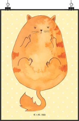 Produktbild von Mr. & Mrs. Panda Bild Katze Mittelfinger DIN A2 - Gelb Pastell - Geschenk, Katzen, Kunstdruck, Tiger, Cats, Wandbild, wanddeko, drucke, Genervt, Mieze, Plakat