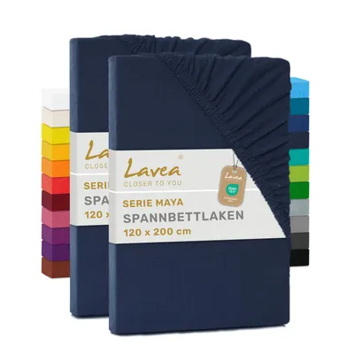 Produktbild von Lavea® 2er Pack Spannbettlaken 120x200cm, Bettlaken 100% Baumwolle Jersey, mit Rundumgummizug, für Matratzen bis 20 cm Höhe, weich, formstabil, langlebig, Galaxyblau