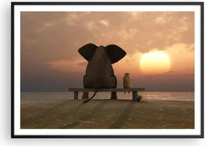 Produktbild von Gerahmtes Poster - Schwarzer Rahmen - Elefant Ufer Meer - 100x70 cm - Wand Bild - Wanddeko - Wandbilder - Kunstposter - Wandposter - Bilderrahmen - Bilder - Kunstdruck - Wandbild - P2BAA100x70-3555