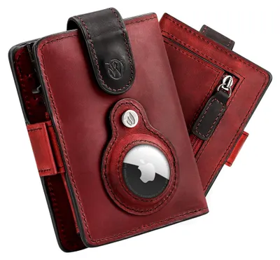 Produktbild von ® Smart Wallet Herren mit Airtag (1. & 2. Gen)-Fach & Photokapsel | Inkl. Anhänger | Echtleder Airtag Wallet mit Münzfach & Scheinfach | RFID Schutz | Bis zu 12 Karten | [Rot-Schwarz]